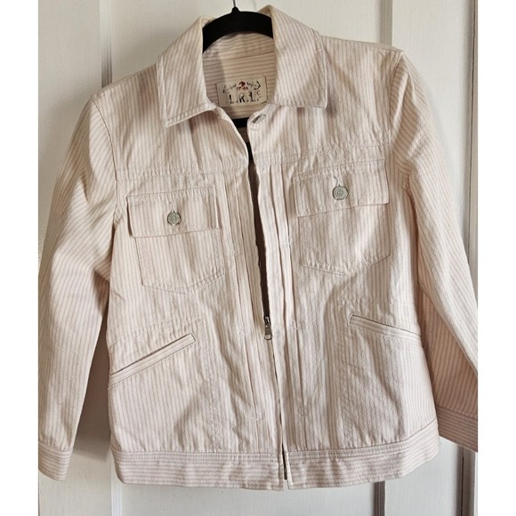 TDMK L.R.L. pink white pin striped denim 4‎ pockets jacket full zip up Sz S - Picture 1 of 11